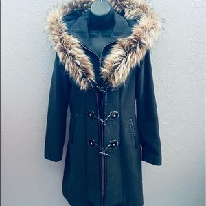 Betsey Johnson Wool Trench Coat with Faux Fur Lined Hood Designer Lining - Small